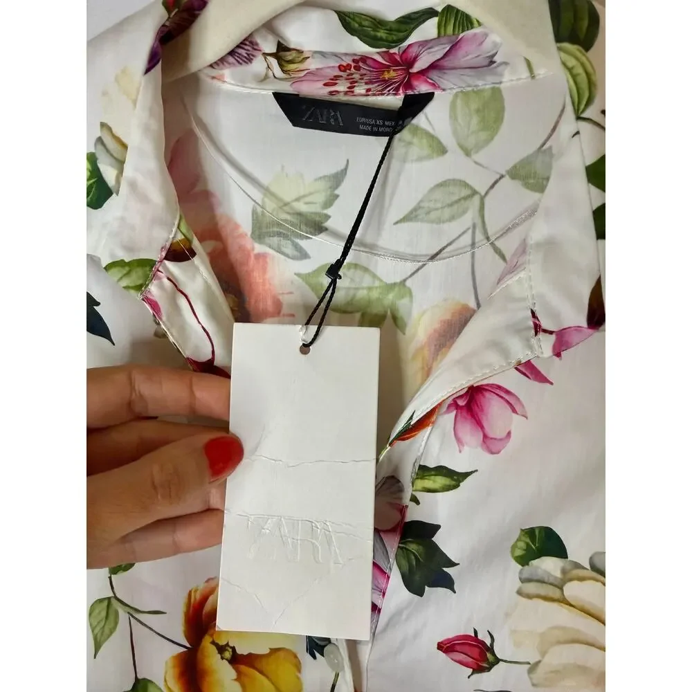NWT Zara floral-print cropped boxy oversized short sleeves white shirt sz. XS - Picture 5 of 9